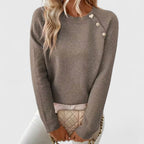 Women's long-sleeve crew neck jumper with shoulder buttons and cropped hem