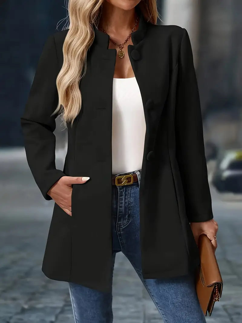 Women's slim-fit long coat with high neckline and covered buttons