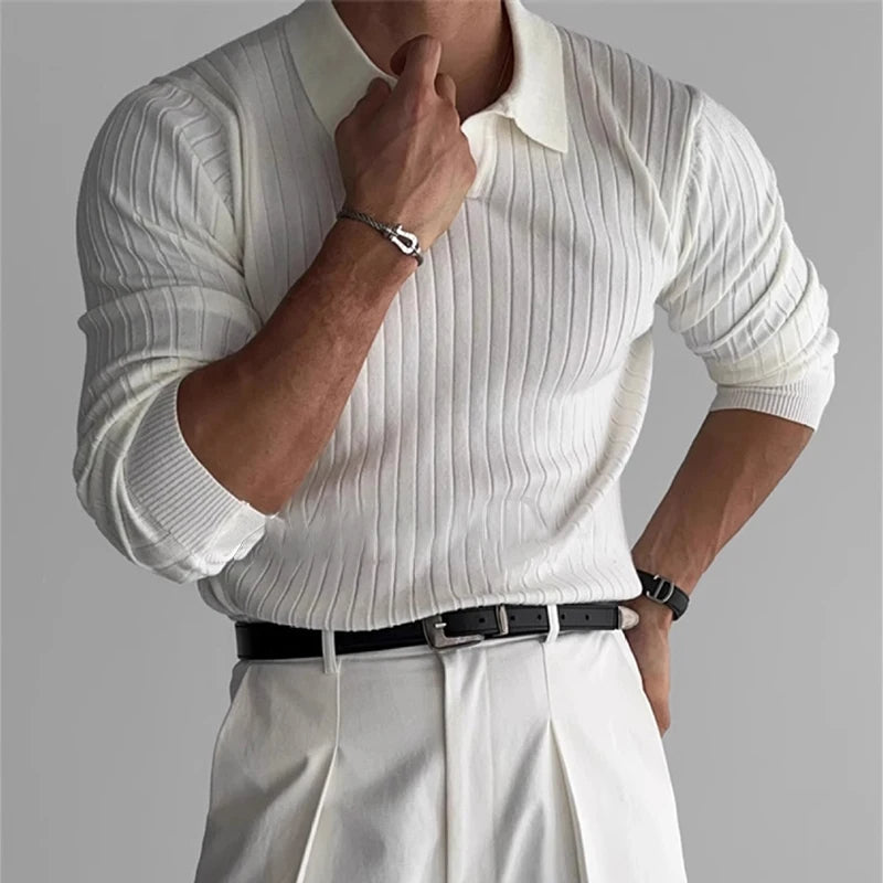 Men's ribbed polo sweater with a collared neckline and long sleeves