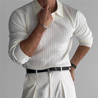 Men's ribbed polo sweater with a collared neckline and long sleeves