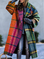 Women's multicolour plaid long coat with lapel collar and buttons