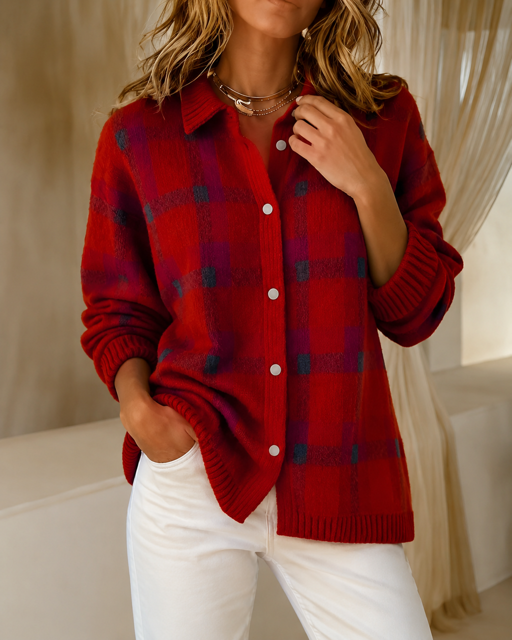 Women's checked knit cardigan with collar and button front