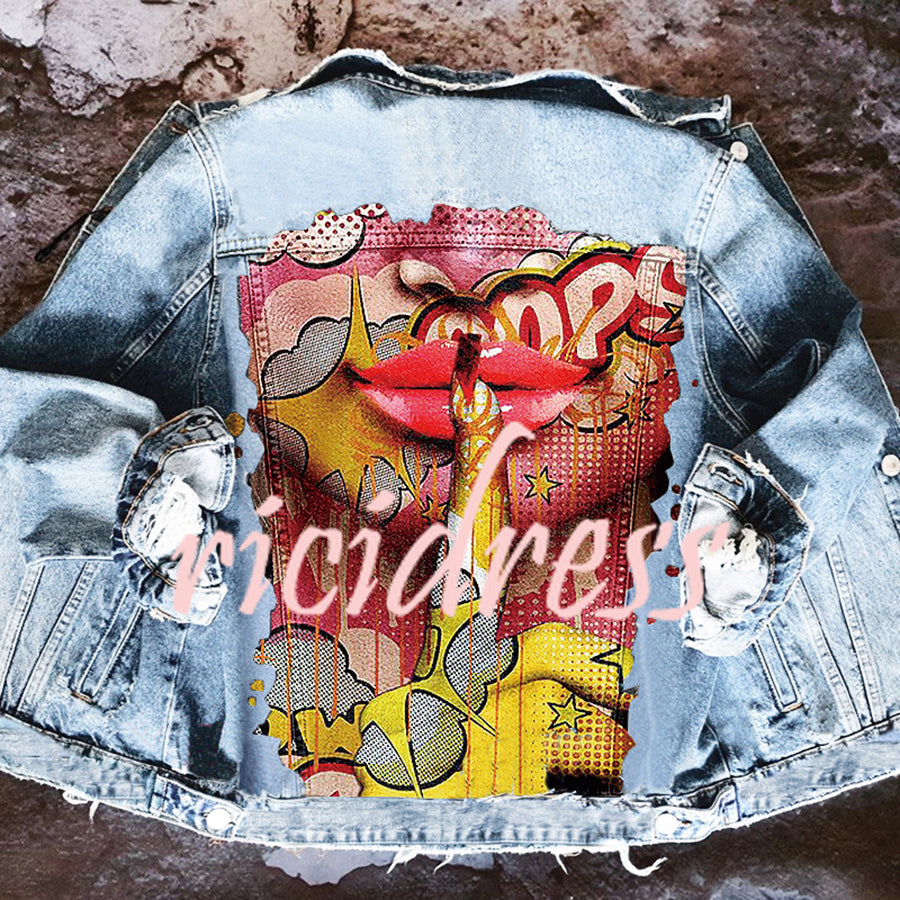 Women's long-sleeve denim jacket with colourful Halloween graphic back print