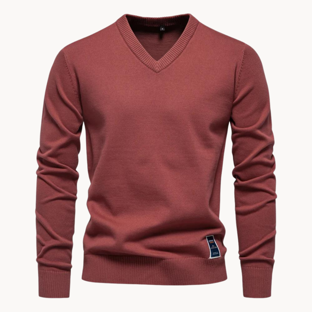 Men's long-sleeve V-neck sweater with ribbed trims