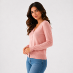 Women's long-sleeve V-neck button-front cardigan with ribbed trims