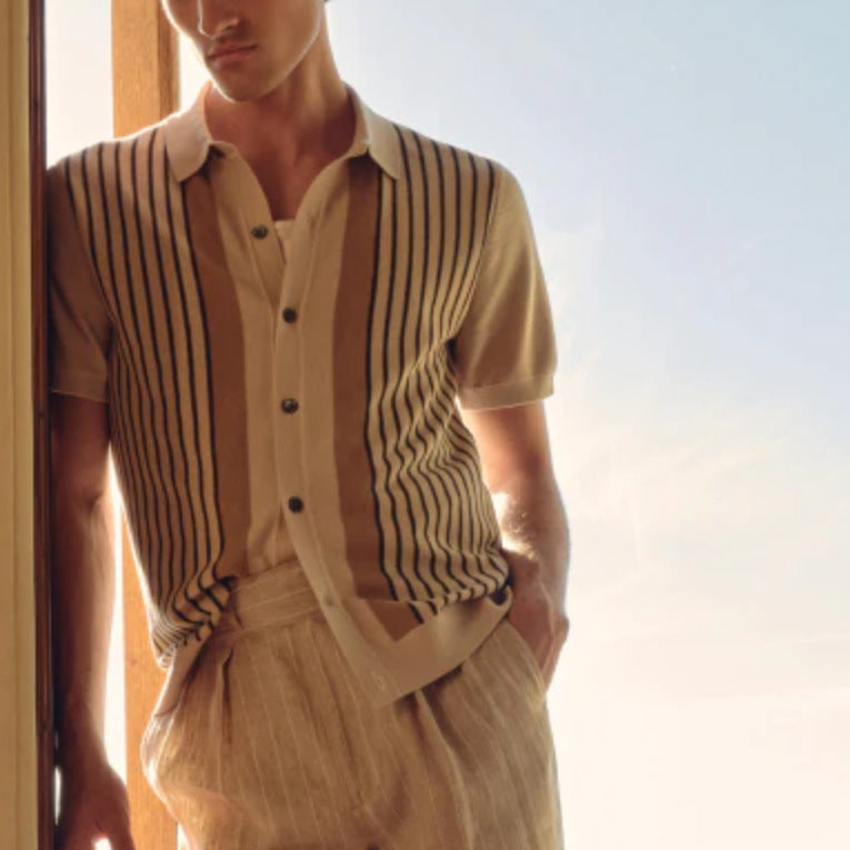 Men's beige knitted polo shirt with vertical stripes and buttons