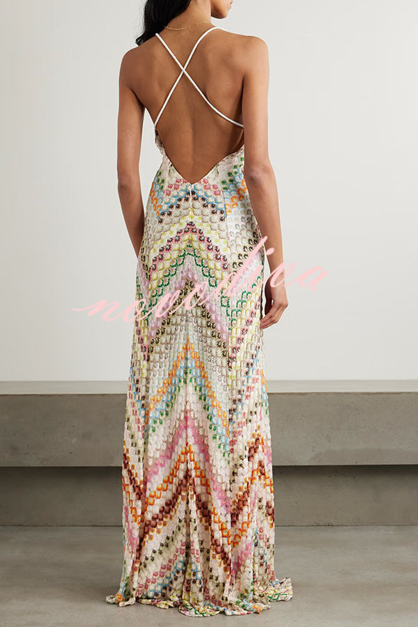 Women's multicoloured herringbone maxi dress with V-neck and spaghetti straps