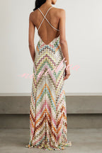 Women's multicoloured herringbone maxi dress with V-neck and spaghetti straps