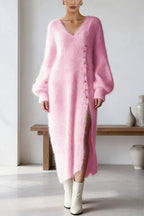 Women's textured knit V-neck midi dress with buttons, balloon sleeves and side slit