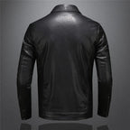 Men's black collared jacket with long sleeves, chest pockets and zip front