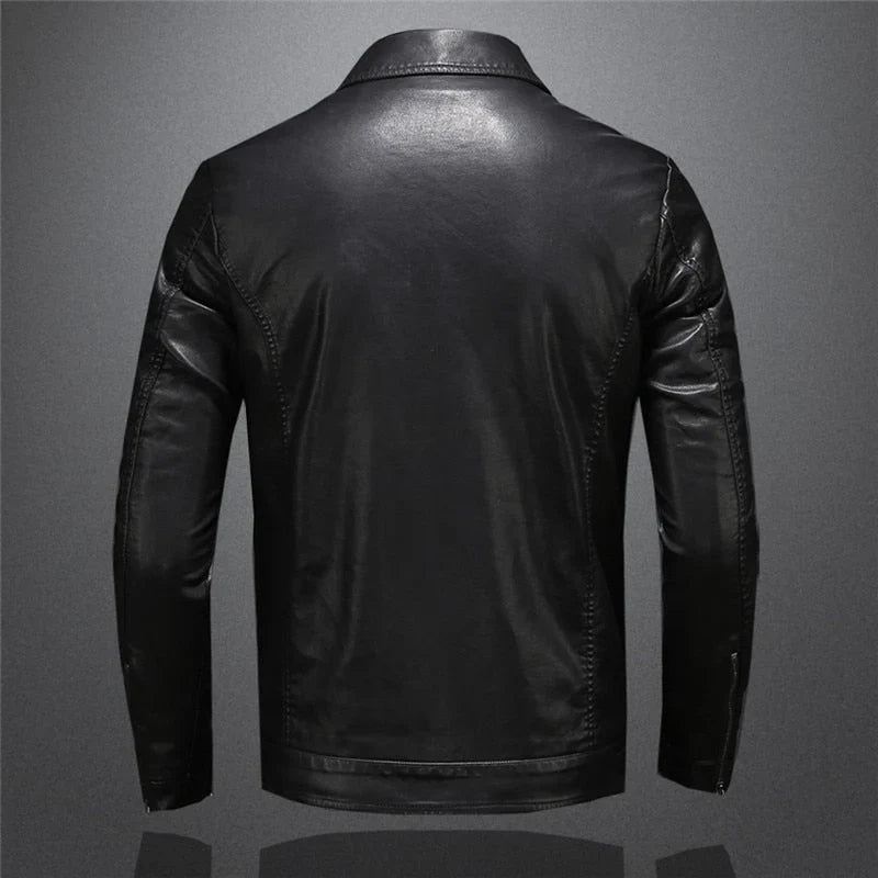 Men's black collared jacket with long sleeves, chest pockets and zip front