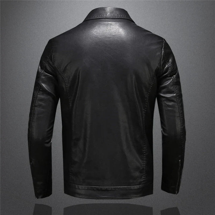 Men's black collared jacket with long sleeves, chest pockets and zip front