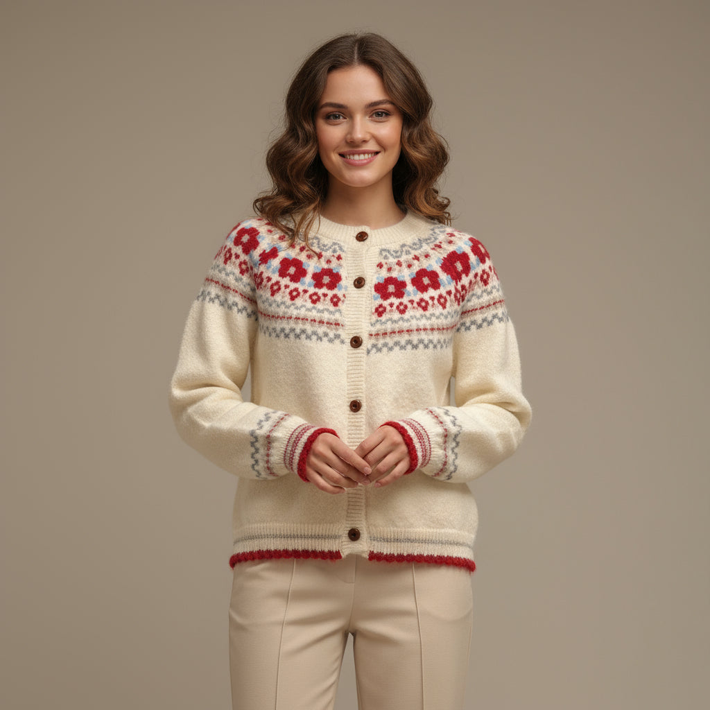 Women's cream Fair Isle button cardigan with patterned yoke