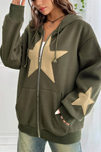 Women's oversized zip hoodie with contrasting star appliques, hood and kangaroo pockets