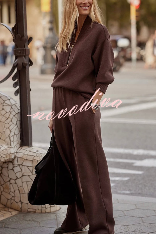 Women's ribbed half-zip sweatshirt and wide-leg trousers set