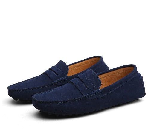 Men's suede loafers with moc toe stitching and flat soles