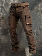 Men's brown cargo trousers with belt and button-flap utility pockets
