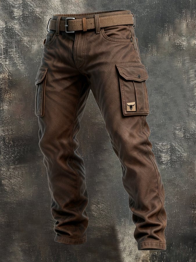 Men's brown cargo trousers with belt and button-flap utility pockets