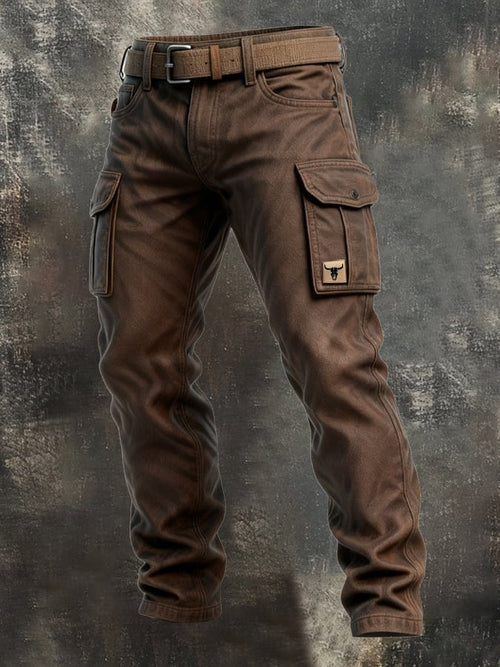 Men's brown cargo trousers with belt and button-flap utility pockets