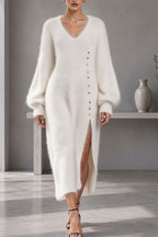 Women's textured knit V-neck midi dress with buttons, balloon sleeves and side slit