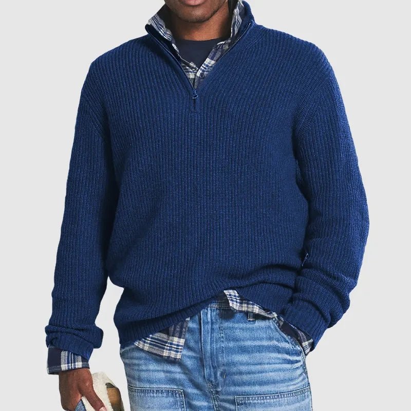 Men's textured ribbed knit sweater with quarter-zip stand collar
