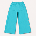 Women's turquoise wide leg jogger trousers with side snaps and drawstring waist