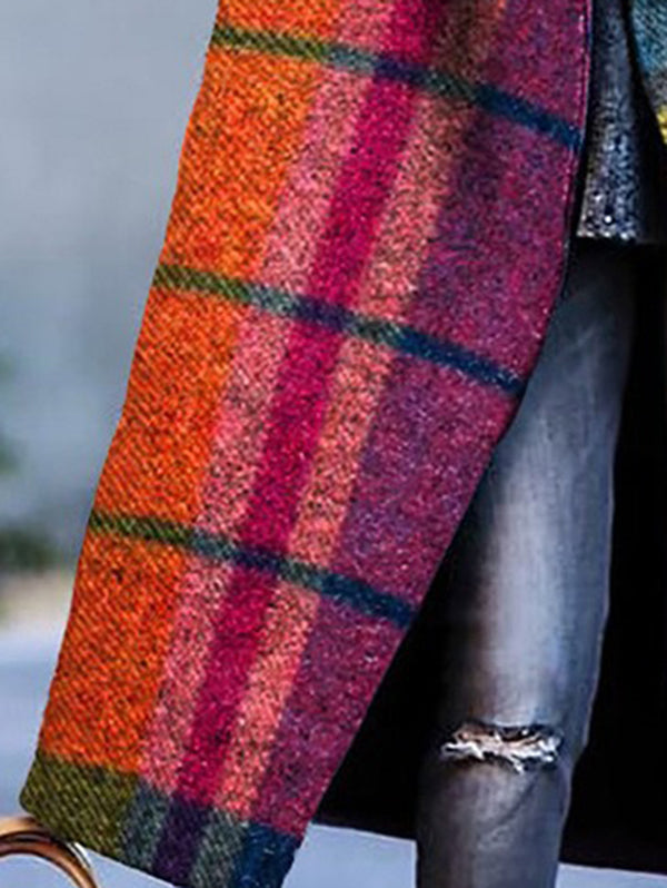Women's multicolour plaid long coat with lapel collar and buttons