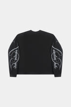 Men's black crew neck sweatshirt with white graphic sleeves