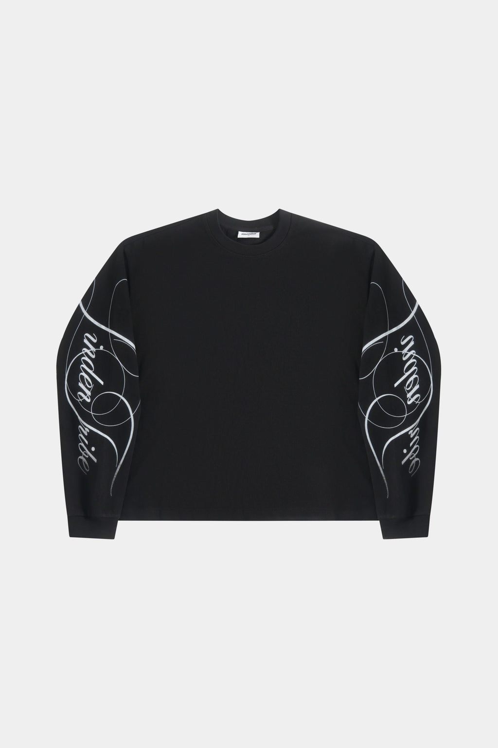 Men's black crew neck sweatshirt with white graphic sleeves