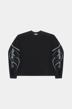 Men's black crew neck sweatshirt with white graphic sleeves