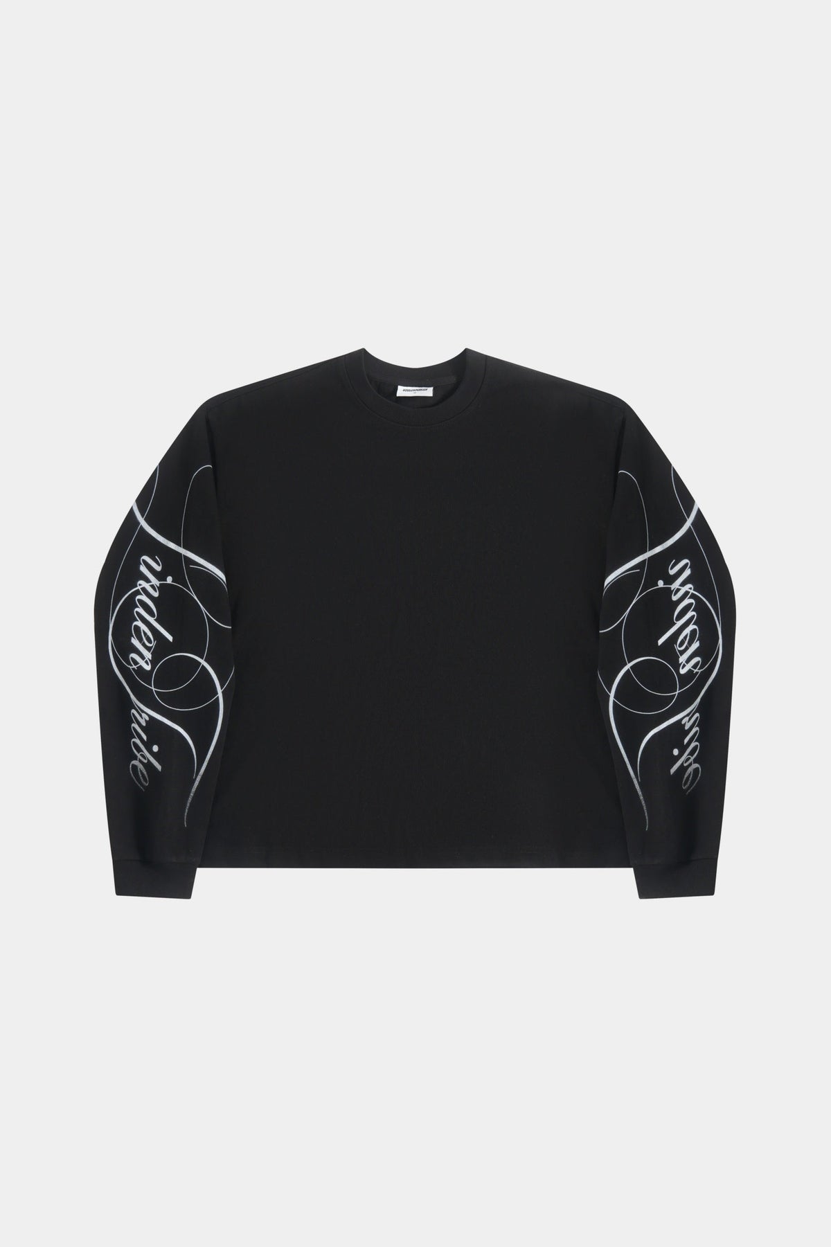 Men's black crew neck sweatshirt with white graphic sleeves
