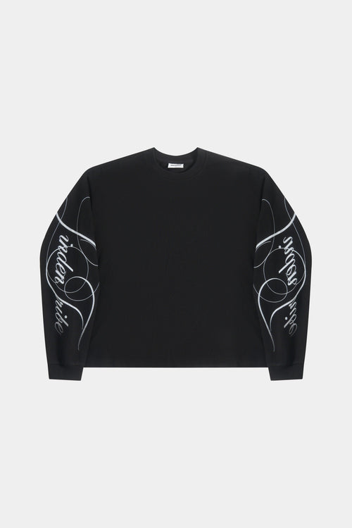 Men's black crew neck sweatshirt with white graphic sleeves
