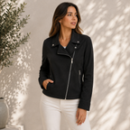 Women's notched-lapel biker jacket with angled zip and zipped pockets