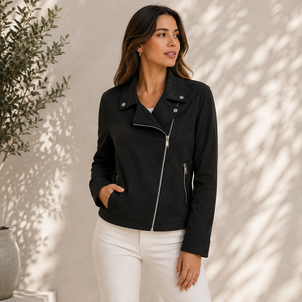 Women's notched-lapel biker jacket with angled zip and zipped pockets
