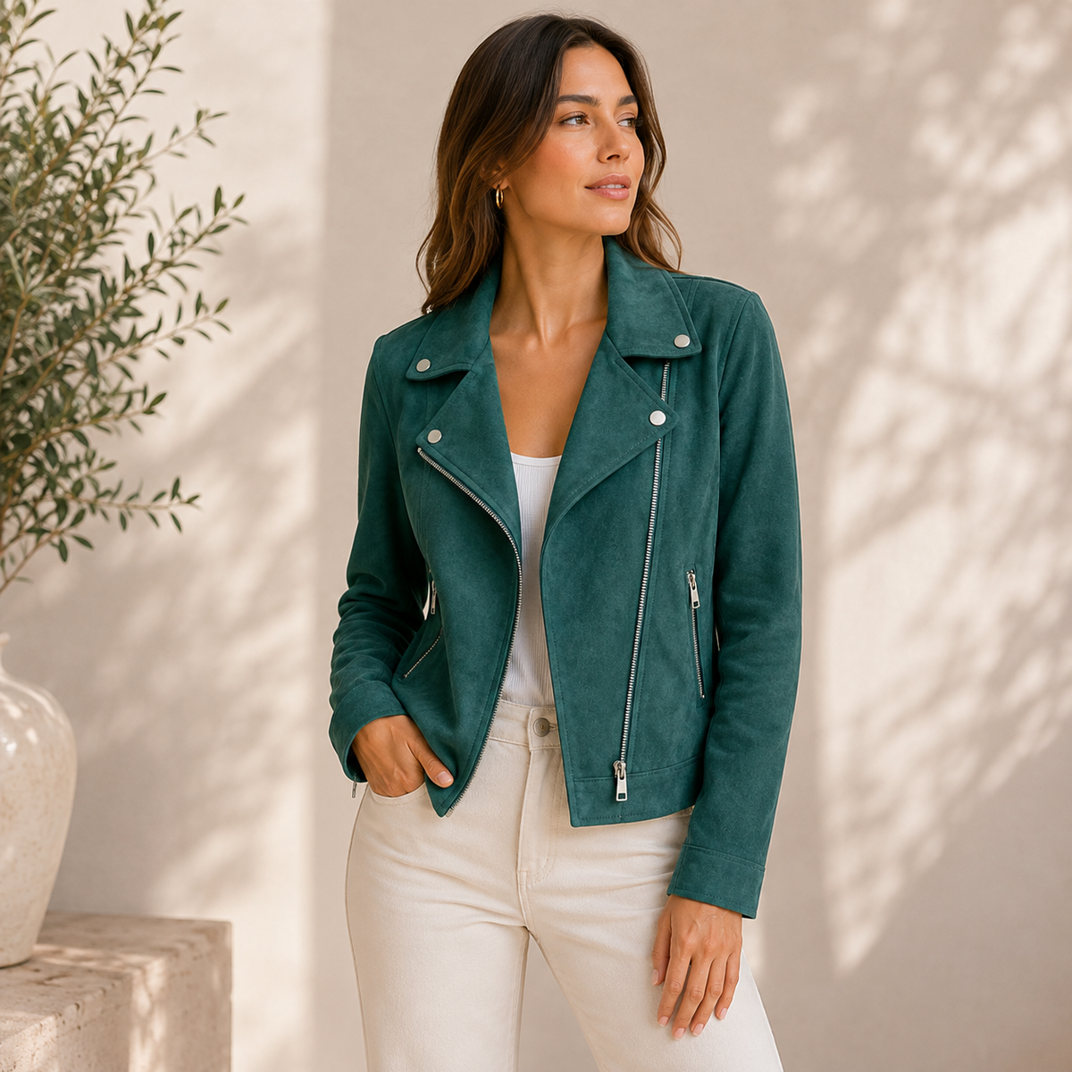 Women's notched-lapel biker jacket with angled zip and zipped pockets