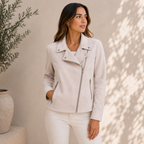 Women's notched-lapel biker jacket with angled zip and zipped pockets