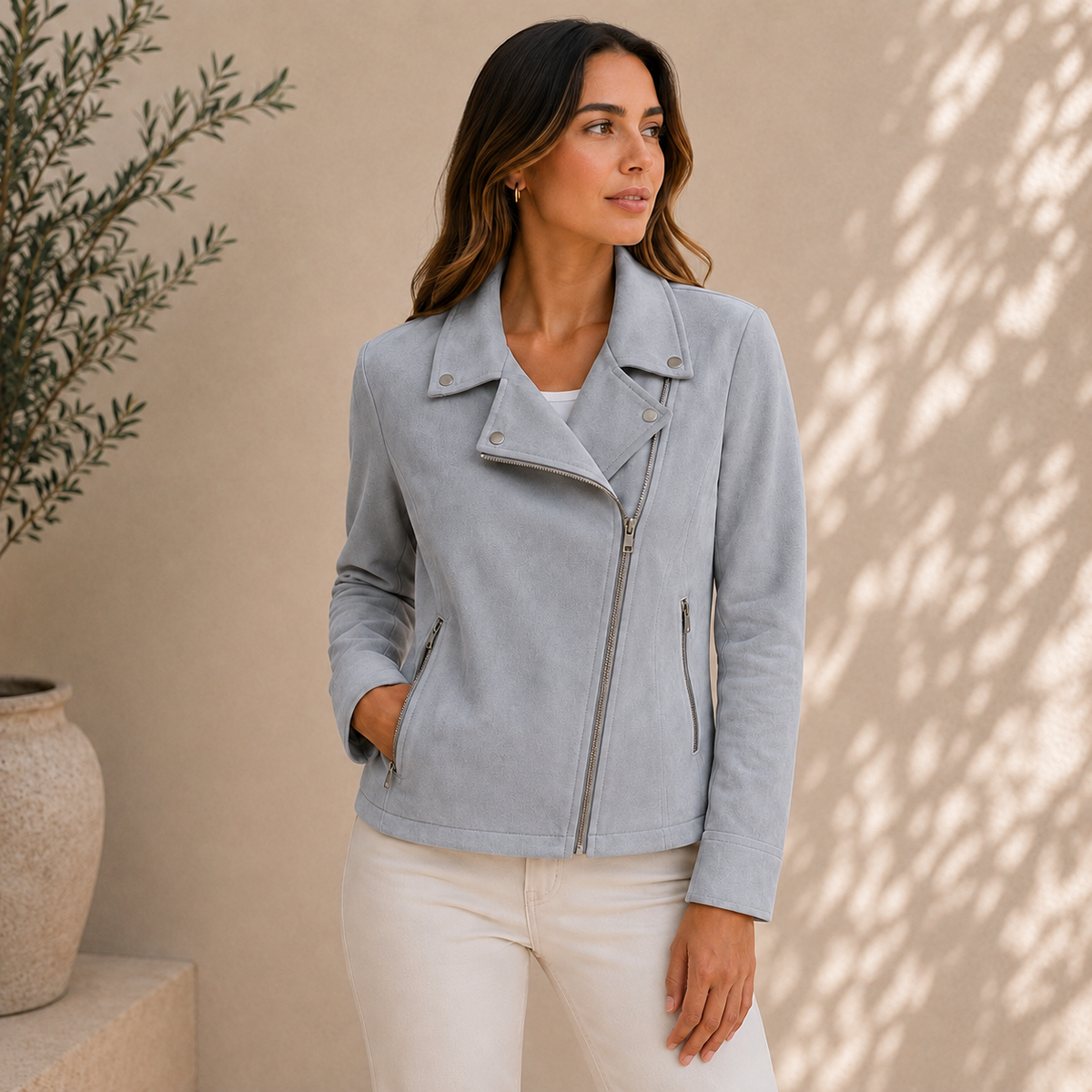 Women's notched-lapel biker jacket with angled zip and zipped pockets