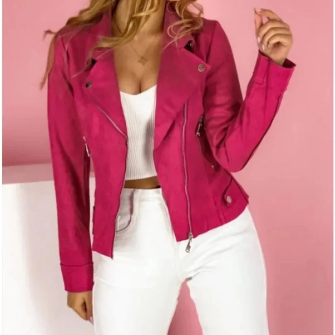 Women's notched-lapel biker jacket with angled zip and zipped pockets