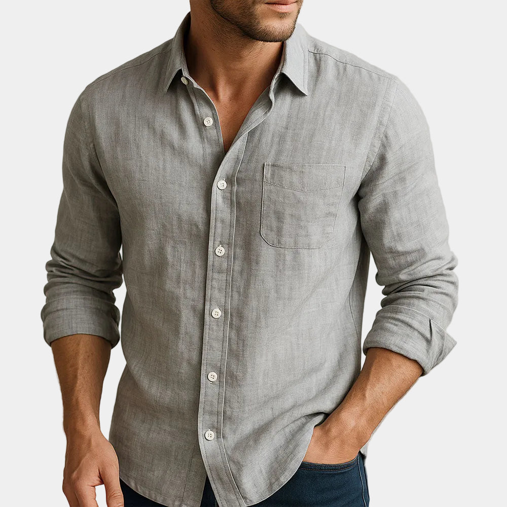 Men's long sleeve button-front shirt with pointed collar