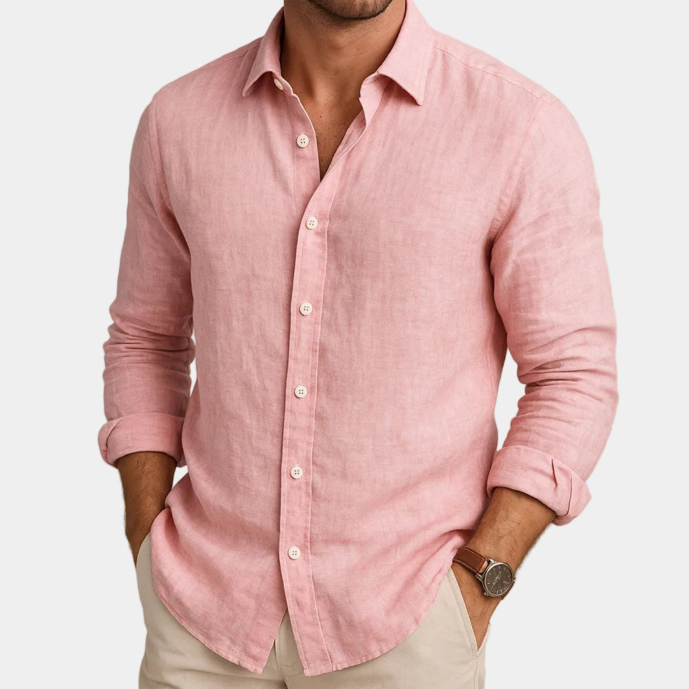Men's long sleeve button-front shirt with pointed collar