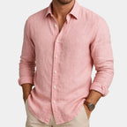 Men's long sleeve button-front shirt with pointed collar