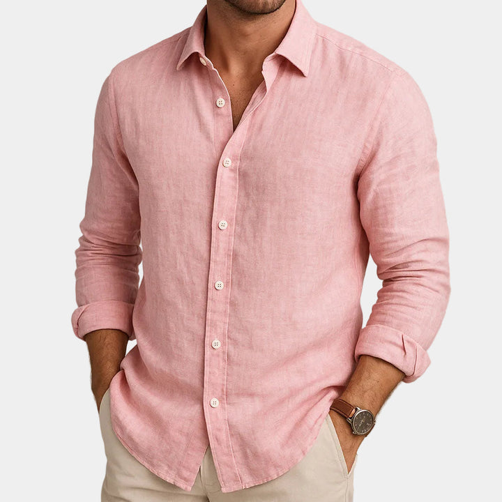 Men's long sleeve button-front shirt with pointed collar
