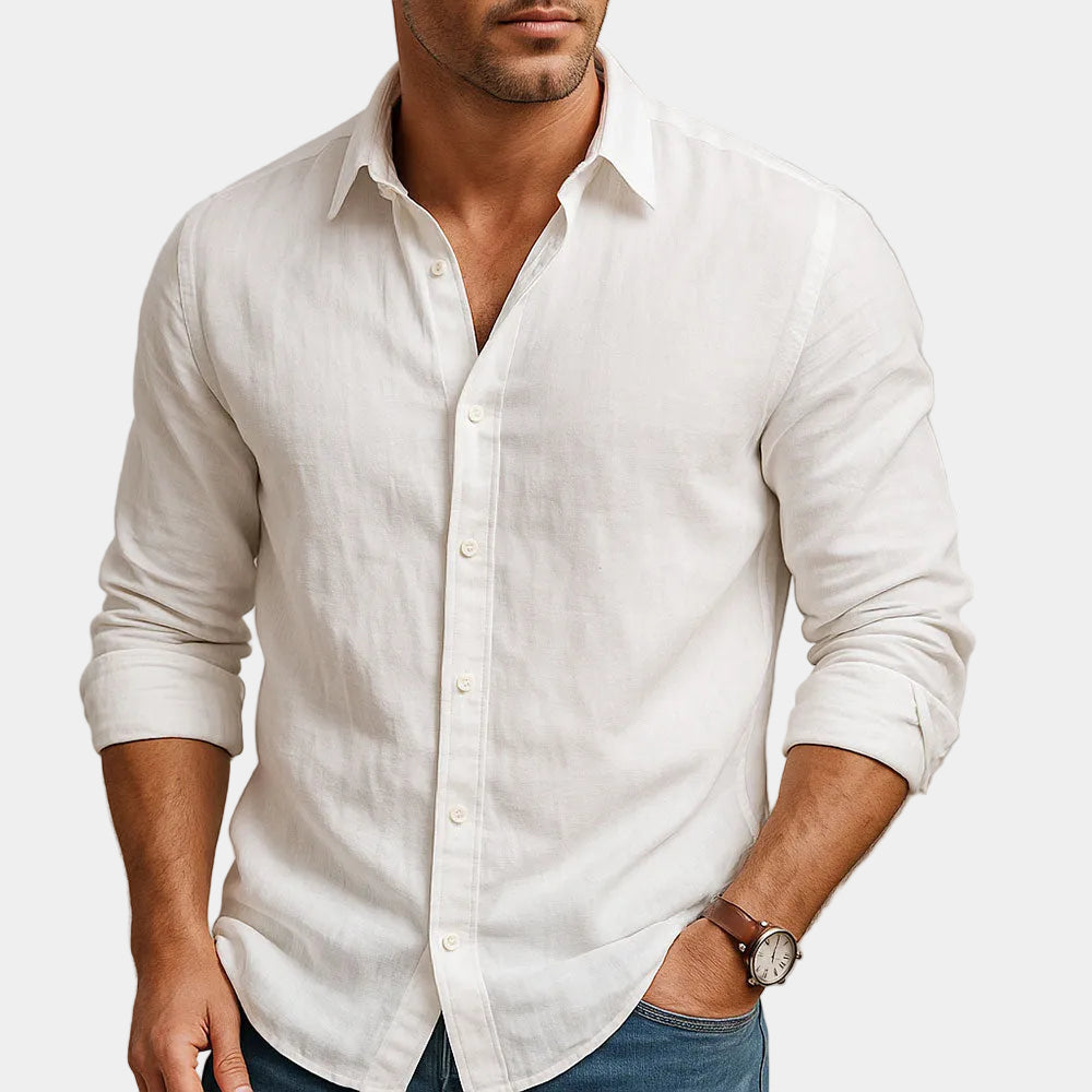 Men's long sleeve button-front shirt with pointed collar