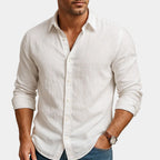 Men's long sleeve button-front shirt with pointed collar
