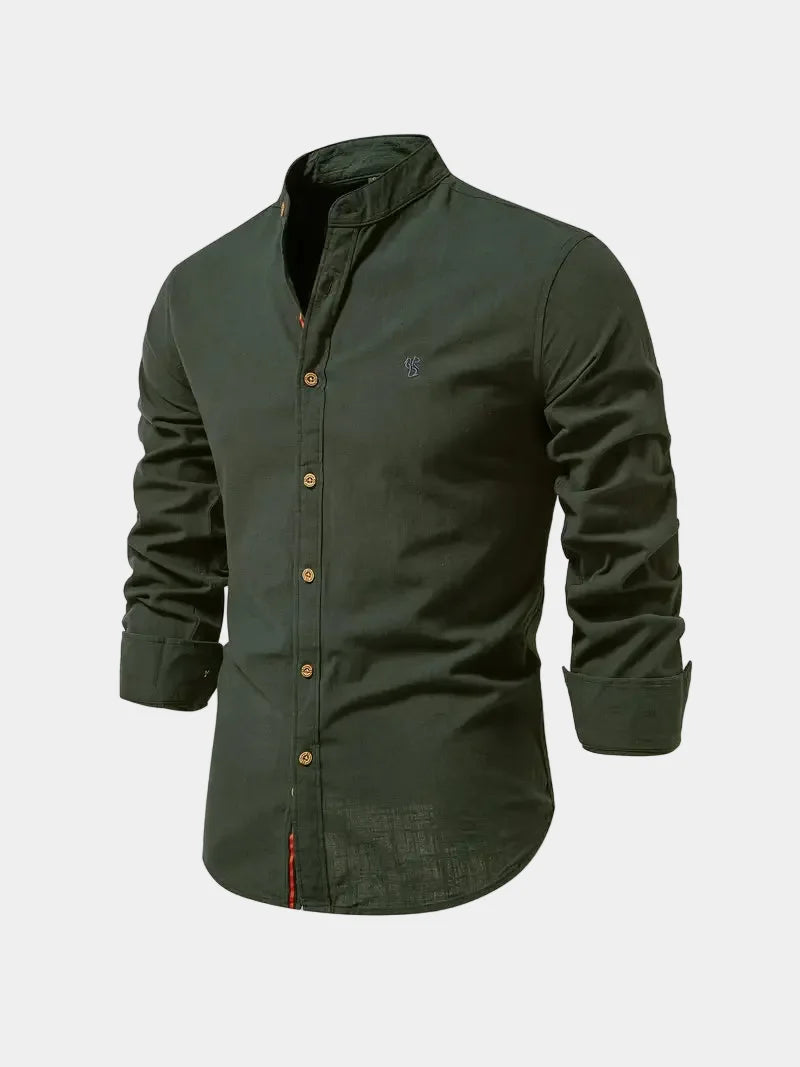 Men's mandarin collar shirt with buttons and long sleeves