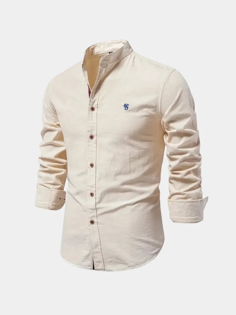 Men's mandarin collar shirt with buttons and long sleeves
