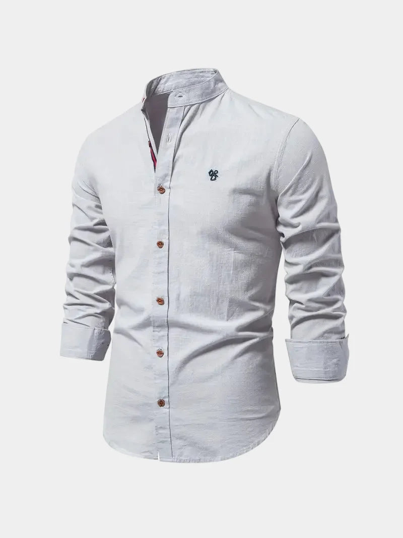 Men's mandarin collar shirt with buttons and long sleeves