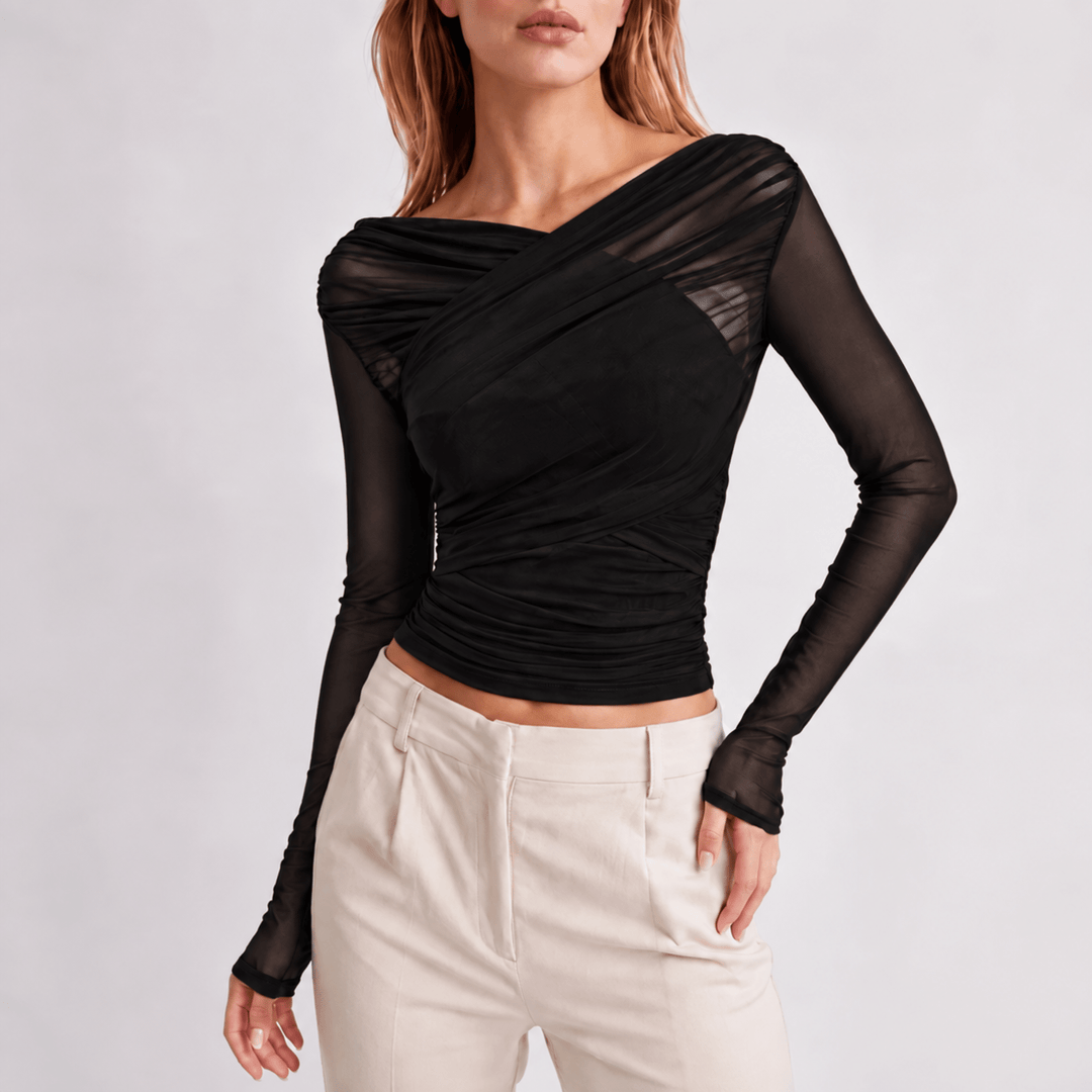 Women's ruched wrap crop top with sheer long sleeves
