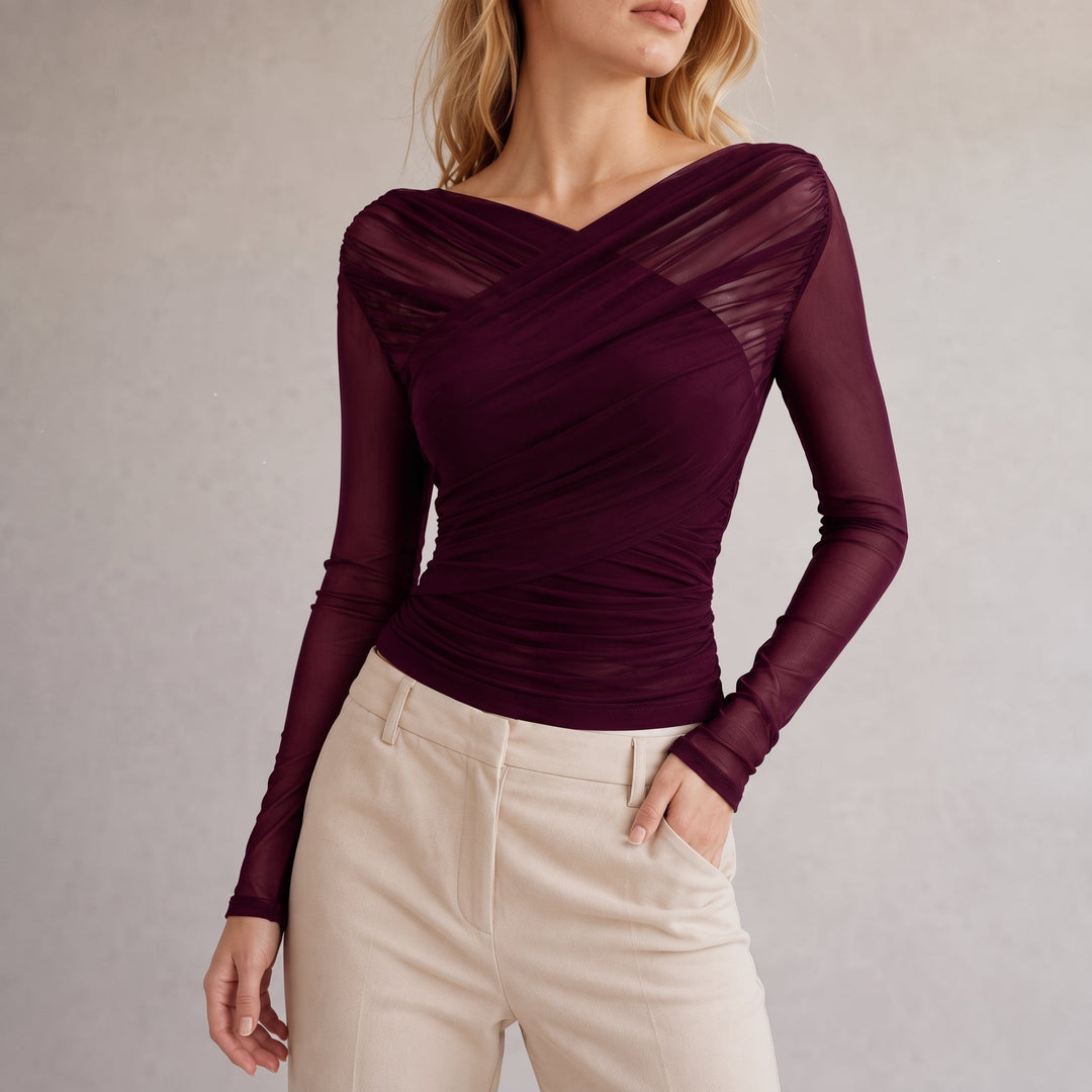 Women's burgundy ruched wrap crop top with sheer long sleeves