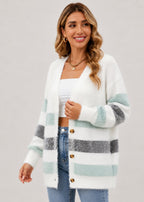 Women's striped longline button cardigan with V-neck and long sleeves